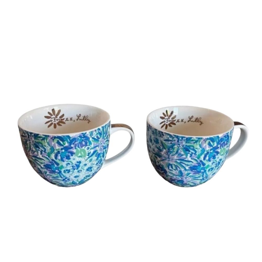 Set of 2 Lilly Pulitzer Mug Cup 12 Oz Floral Blue Gold Handle Hidden Lion